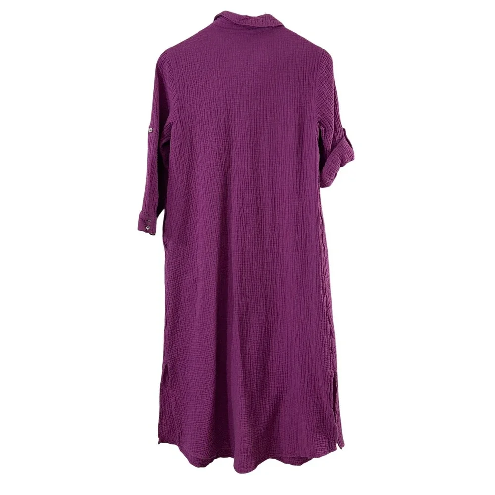 J.Jill Purple Cotton Double Gauze Midi Shirt Dress Roll Tab Sleeve Womens XS